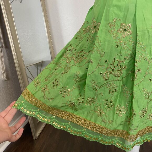 Express Ethereal Fairy Core Green Cotton Gold Thread Sequin Lace Midi Skirt S - Picture 2 of 8